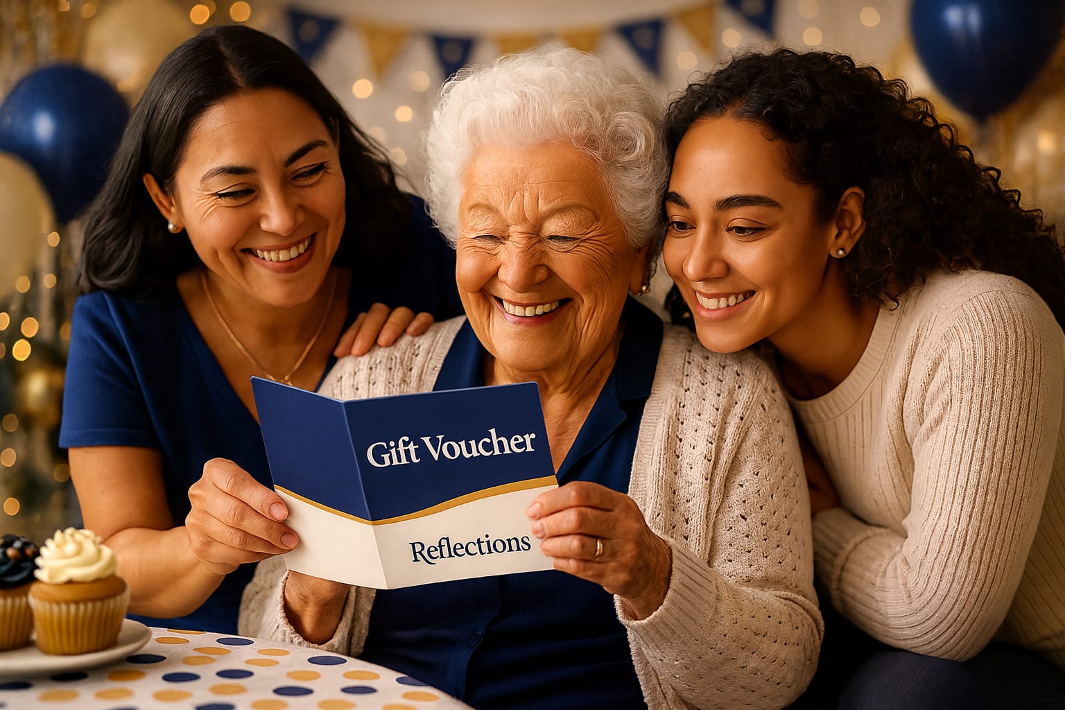 Three generations smiling together as they open a Reflections gift voucher